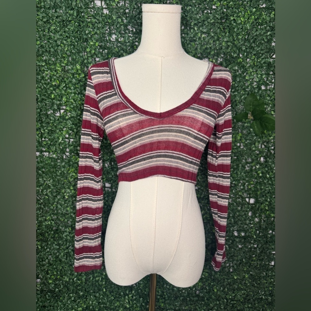 Burgundy,Olive,Gray Striped Crop Top